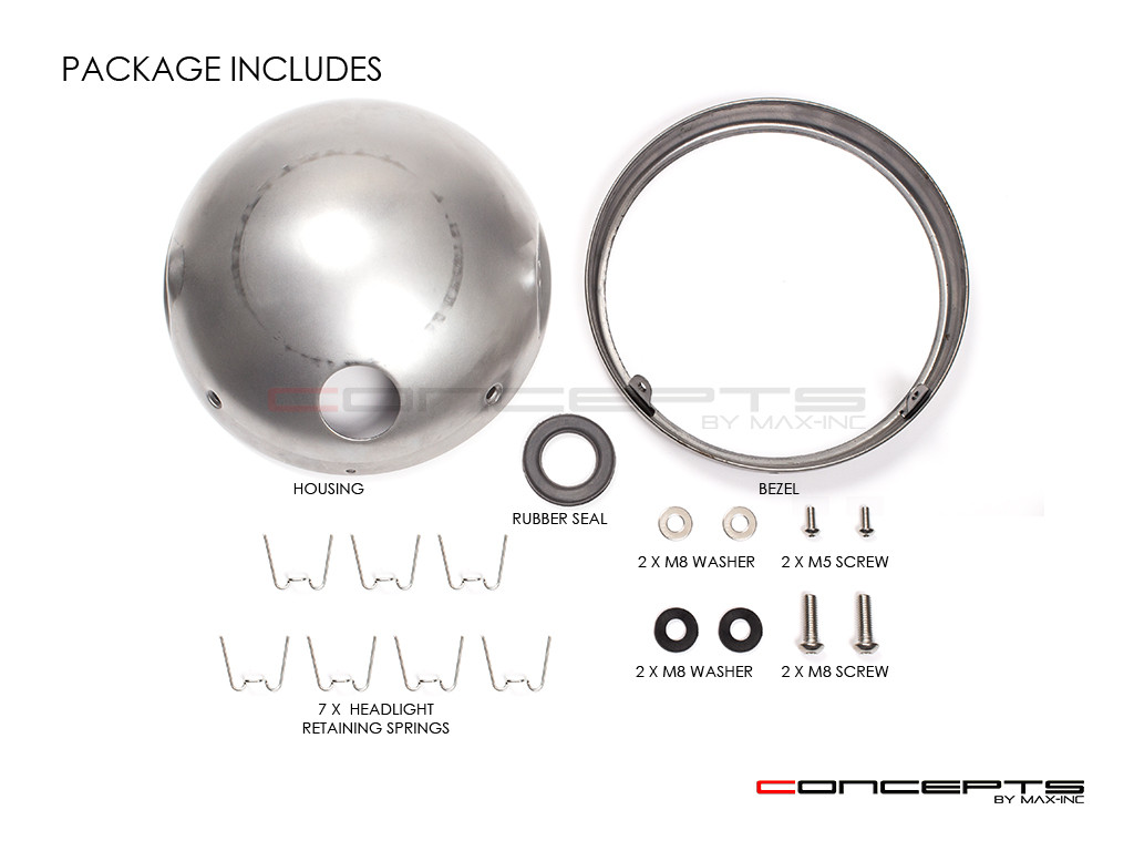 7.7 INCH Raw Unpainted Metal Shorty Headlight Housing + Bezel Combo