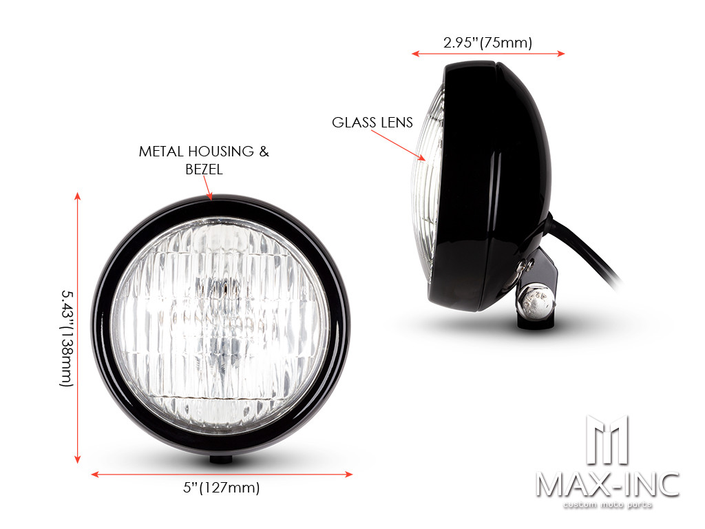 5" Gloss Black Metal Shallow Bottom Mount Custom Headlight