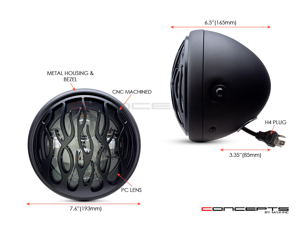 7.7" Matte Black Multi Projector LED Headlight +Flame Grill Cover