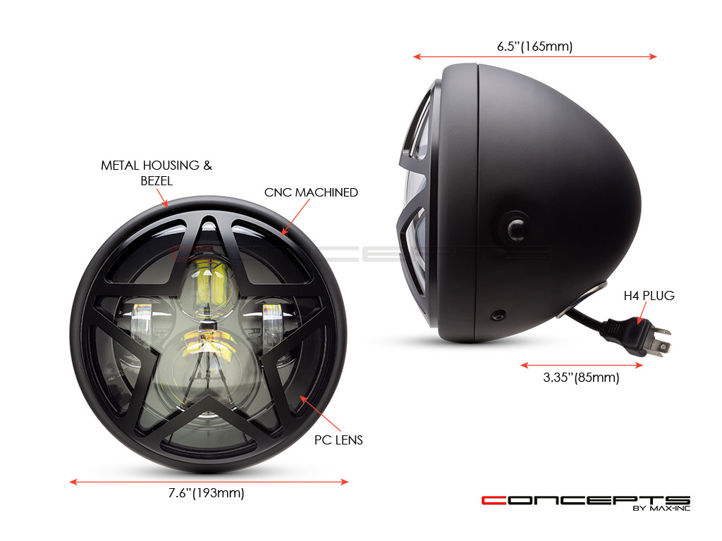 7.7" Matte Black Multi Projector LED Headlight + Big Star Grill Cover