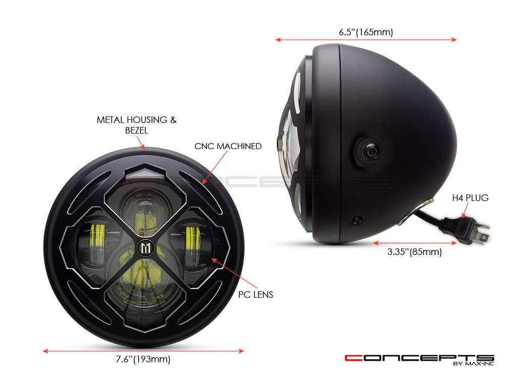 7.7" Matte Black + Contrast Multi Projector LED Headlight + Rukis Grill Cover