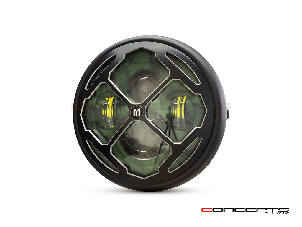 7.7" Matte Black + Contrast Multi Projector LED Camo Headlight + Rukis Grill Cover