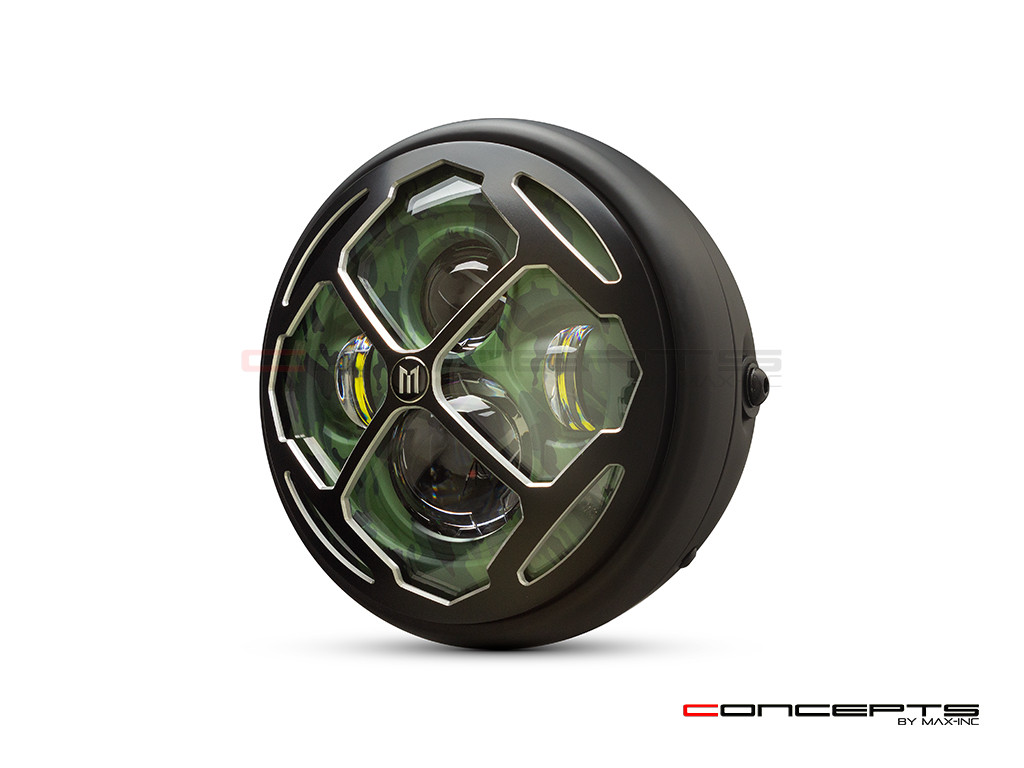 7.7" Matte Black + Contrast Multi Projector LED Camo Headlight + Rukis Grill Cover