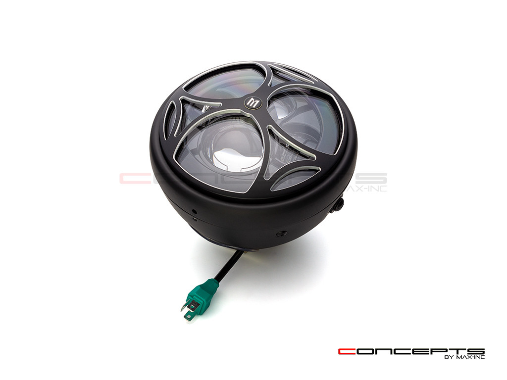 7.7" Matte Black + Contrast Multi Projector LED Headlight + Tri-Maltese Grill Cover