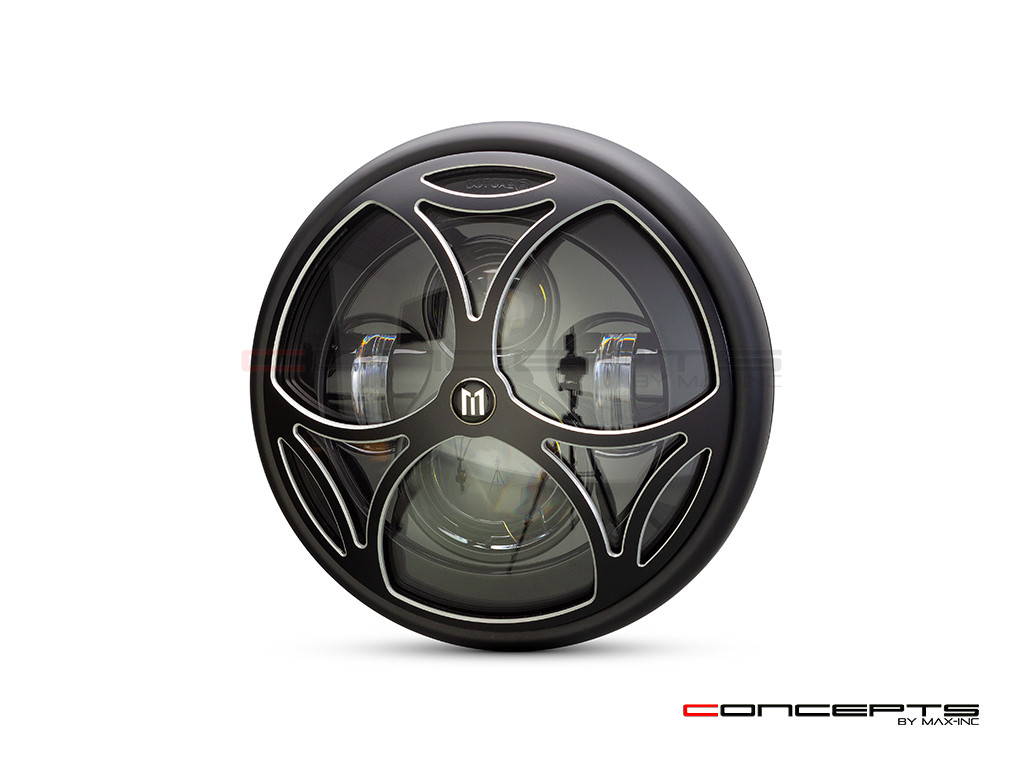 7.7" Matte Black + Contrast Multi Projector LED Headlight + Tri-Maltese Grill Cover