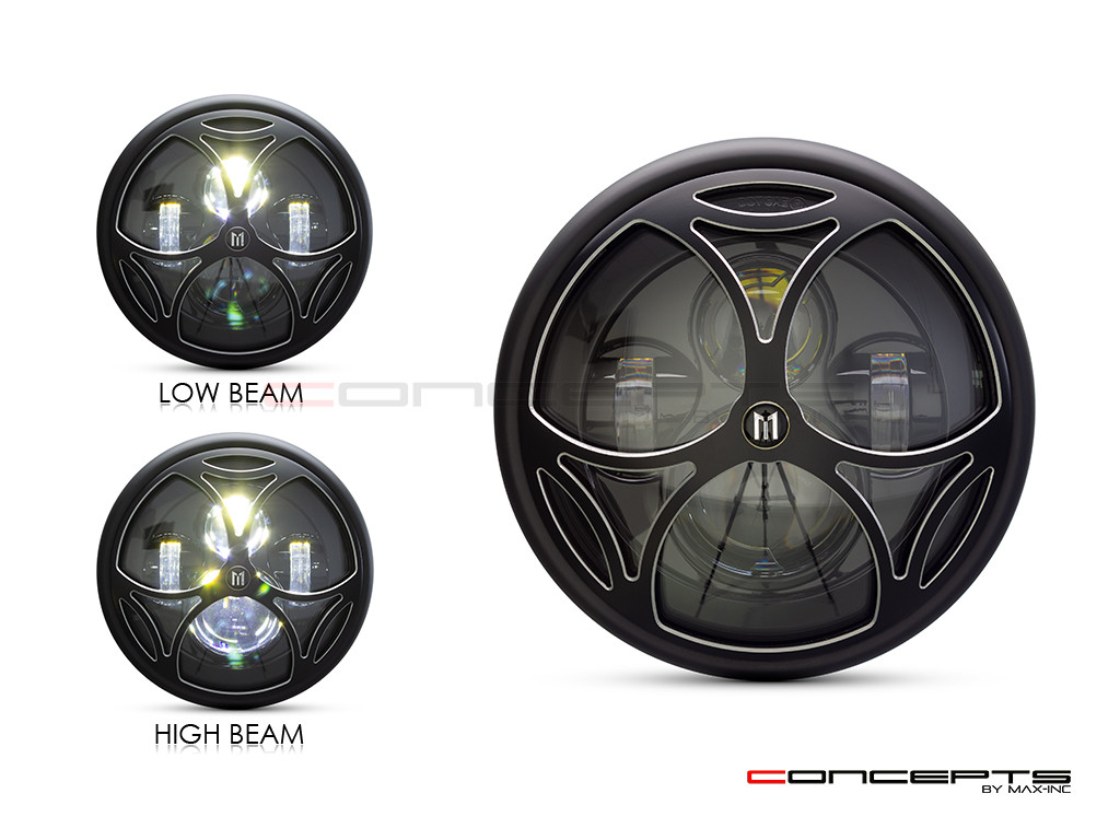 7.7" Matte Black + Contrast Multi Projector LED Headlight + Tri-Maltese Grill Cover