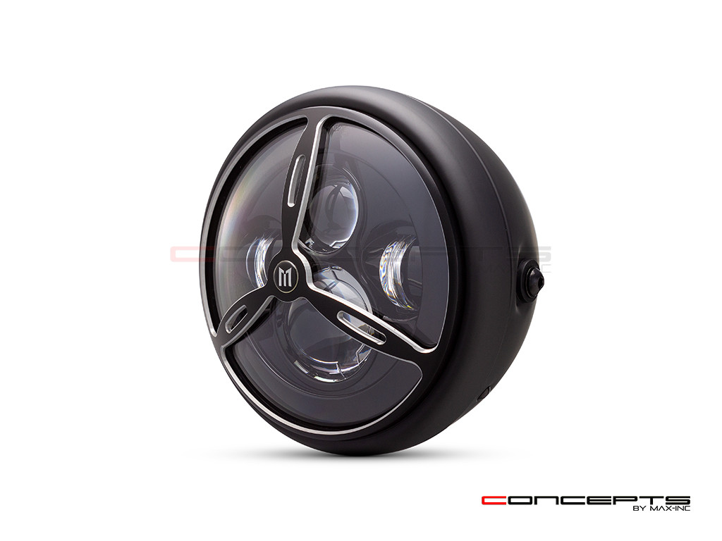 7.7" Matte Black + Contrast Multi Projector LED Headlight + Tri-Prop Grill Cover