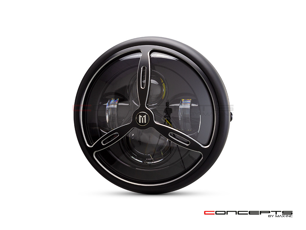 7.7" Matte Black + Contrast Multi Projector LED Headlight + Tri-Prop Grill Cover