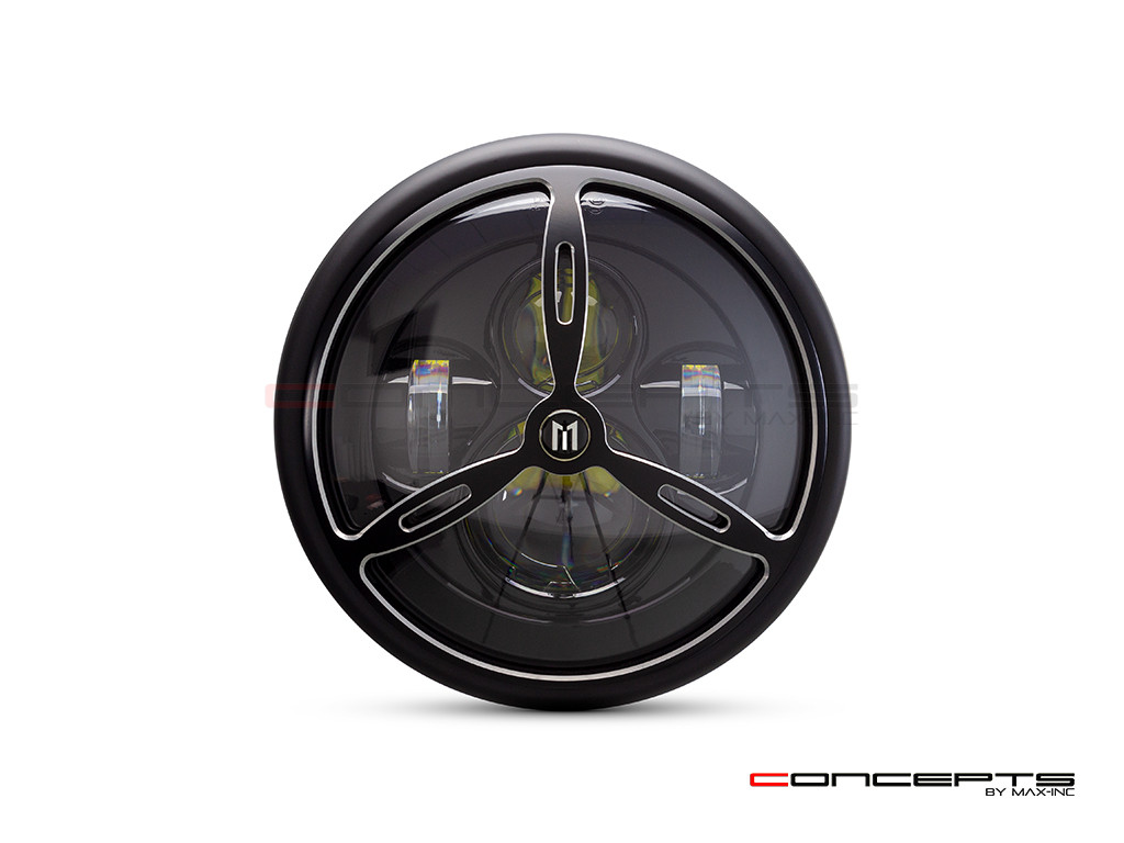 7.7" Matte Black + Contrast Multi Projector LED Headlight + Tri-Prop Grill Cover