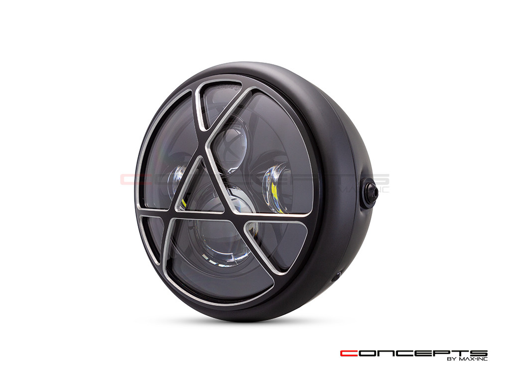 7.7" Matte Black + Contrast Multi Projector LED Headlight + Anarchy Grill Cover