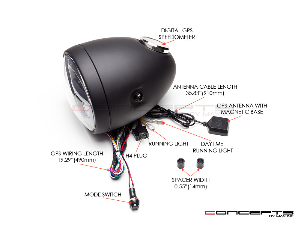 5.75" Vintage Style Black Metal LED Headlight + Integrated Digital GPS Speedometer