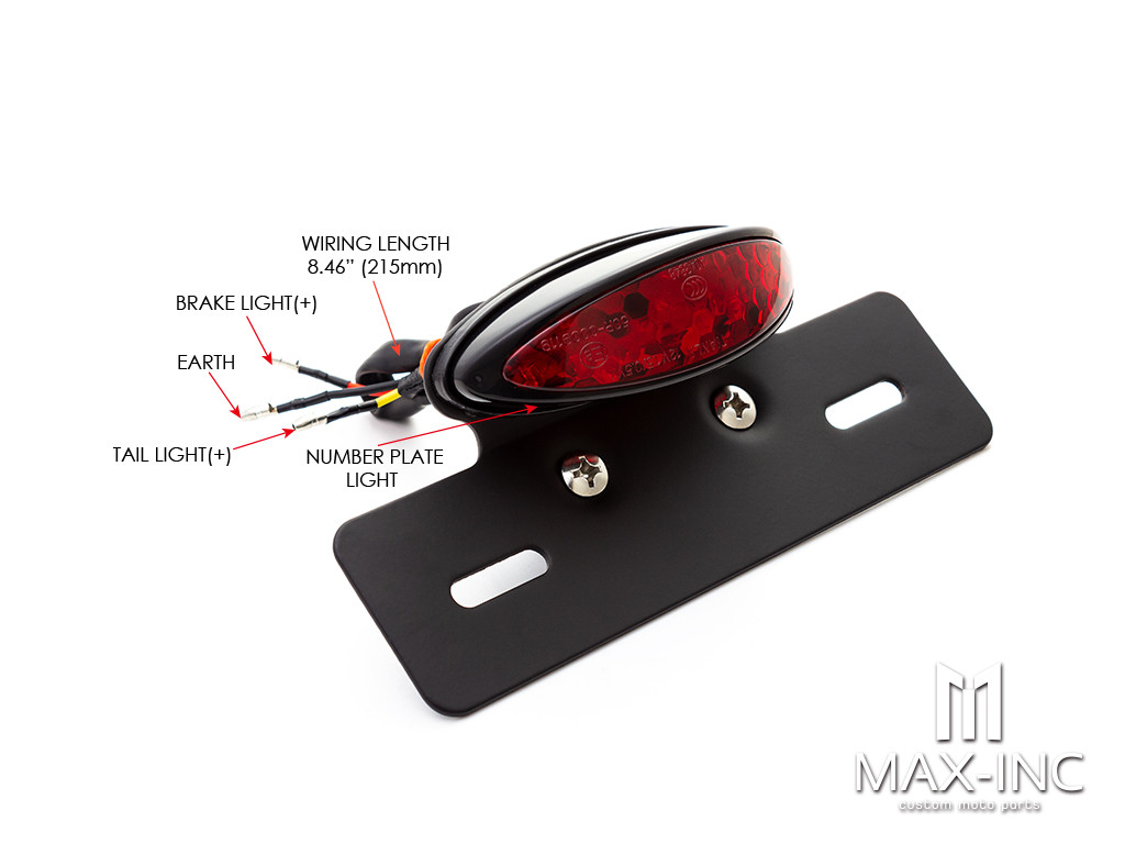 Black Oval LED Stop / Tail Light + License Plate Holder - Red Lens