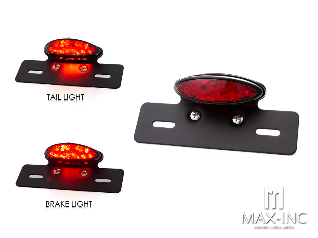 Black Oval LED Stop / Tail Light + License Plate Holder - Red Lens