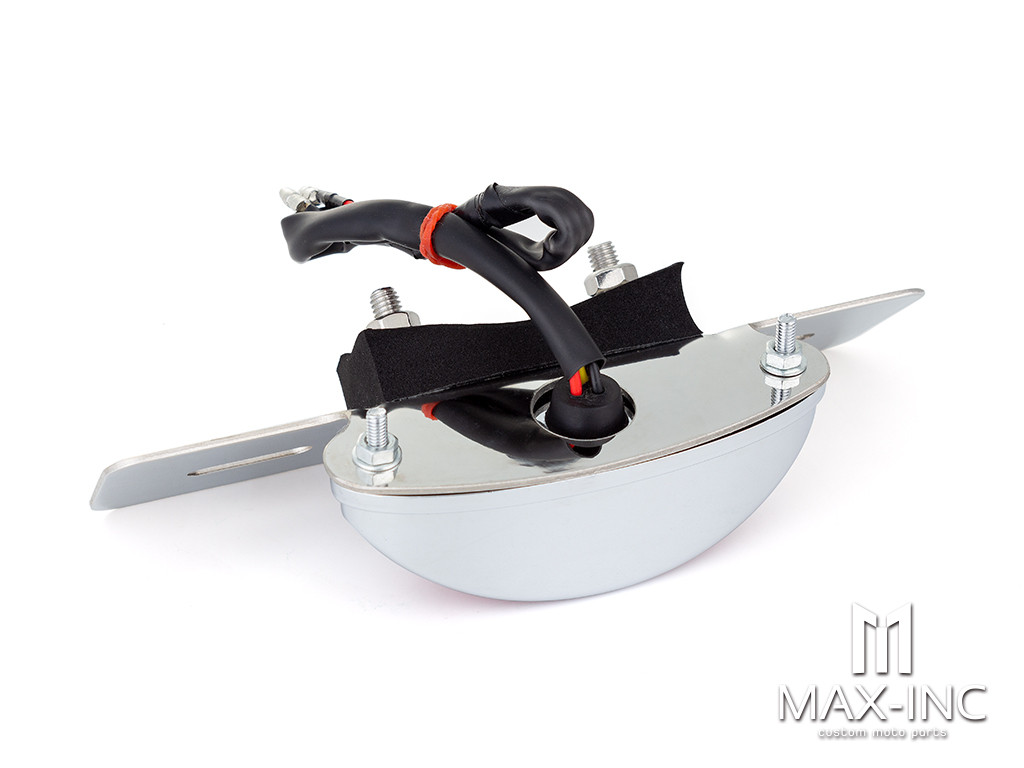 Chrome Oval LED Stop / Tail Light + License Plate Holder - Red Lens