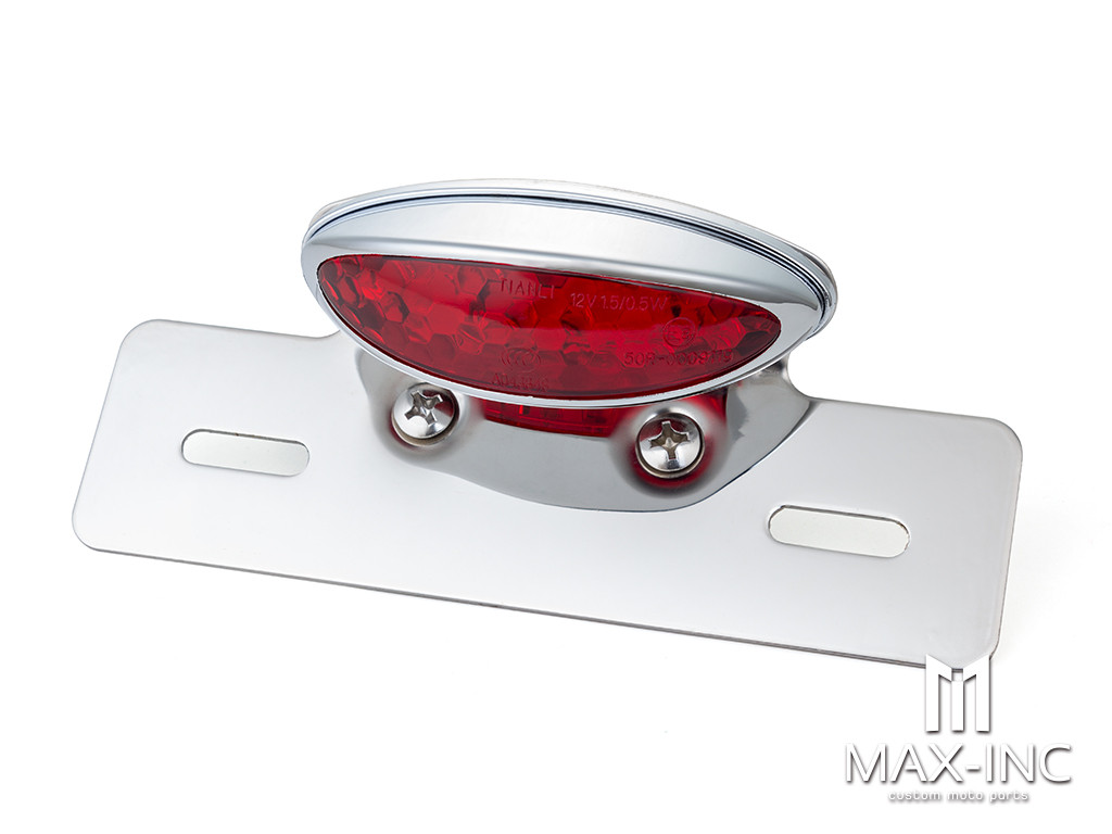 Chrome Oval LED Stop / Tail Light + License Plate Holder - Red Lens