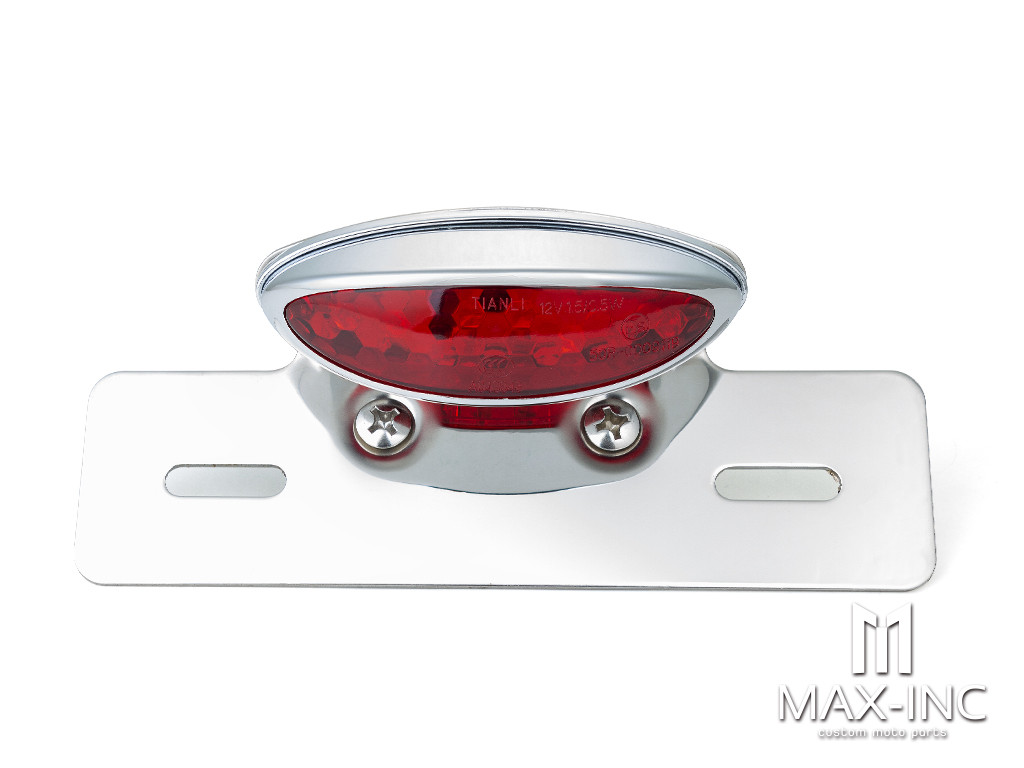 Chrome Oval LED Stop / Tail Light + License Plate Holder - Red Lens