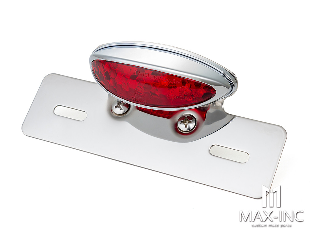 Chrome Oval LED Stop / Tail Light + License Plate Holder - Red Lens