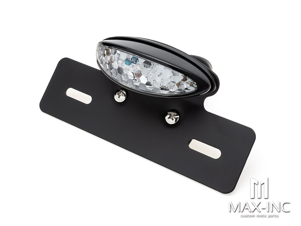 Black Oval LED Stop / Tail Light + License Plate Holder - Clear Lens