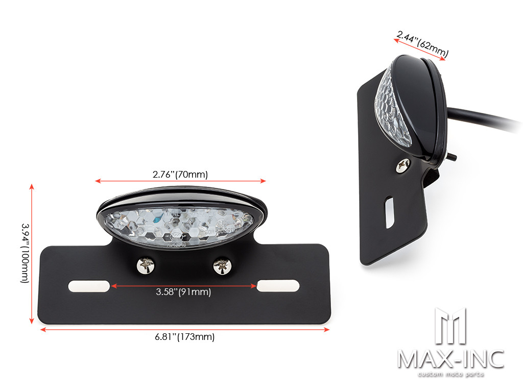 Black Oval LED Stop / Tail Light + License Plate Holder - Clear Lens