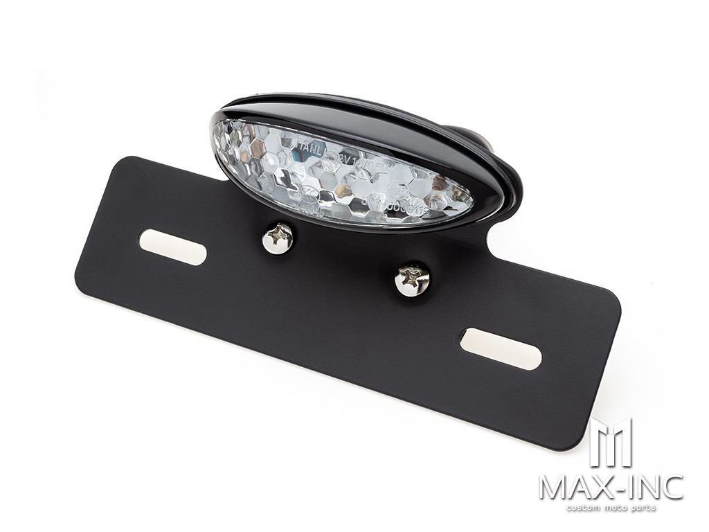 Black Oval LED Stop / Tail Light + License Plate Holder - Clear Lens