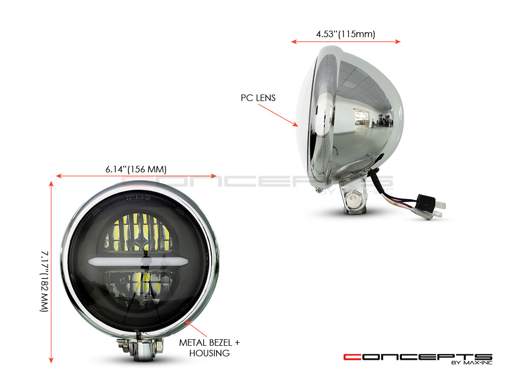 5.75" Chrome Bates Style Metal Classic / Modern LED Headlight