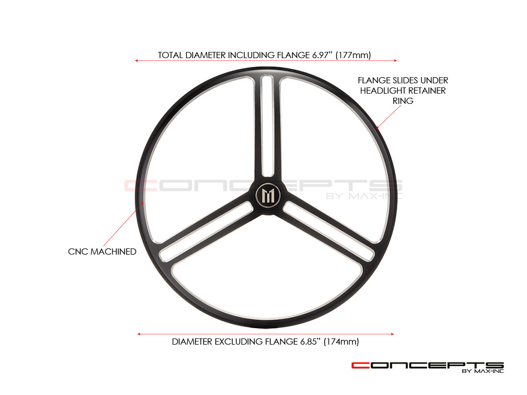 7" Tri-Pro Grille Design Black + Contrast CNC Aluminum Headlight Guard Cover