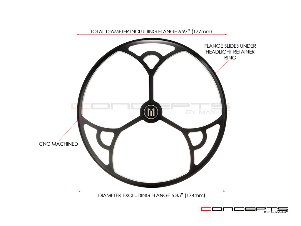 7" Tri-Deco Grille Design Black + Contrast CNC Aluminum Headlight Guard Cover