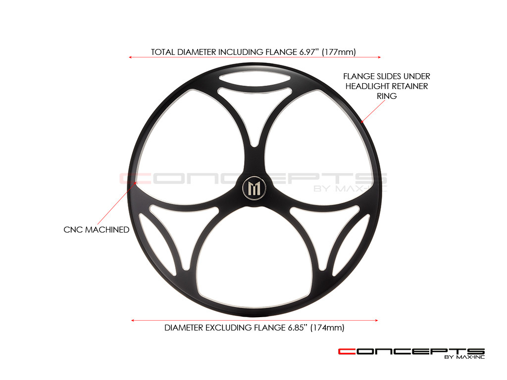 7" Tri-Maltese Grille Design Black + Contrast CNC Aluminum Headlight Guard Cover