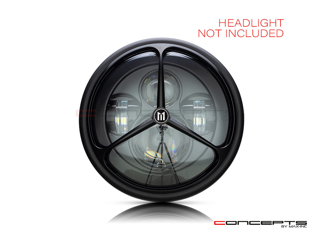 7" Tri-Benz Grille Design Black CNC Aluminum Headlight Guard Cover