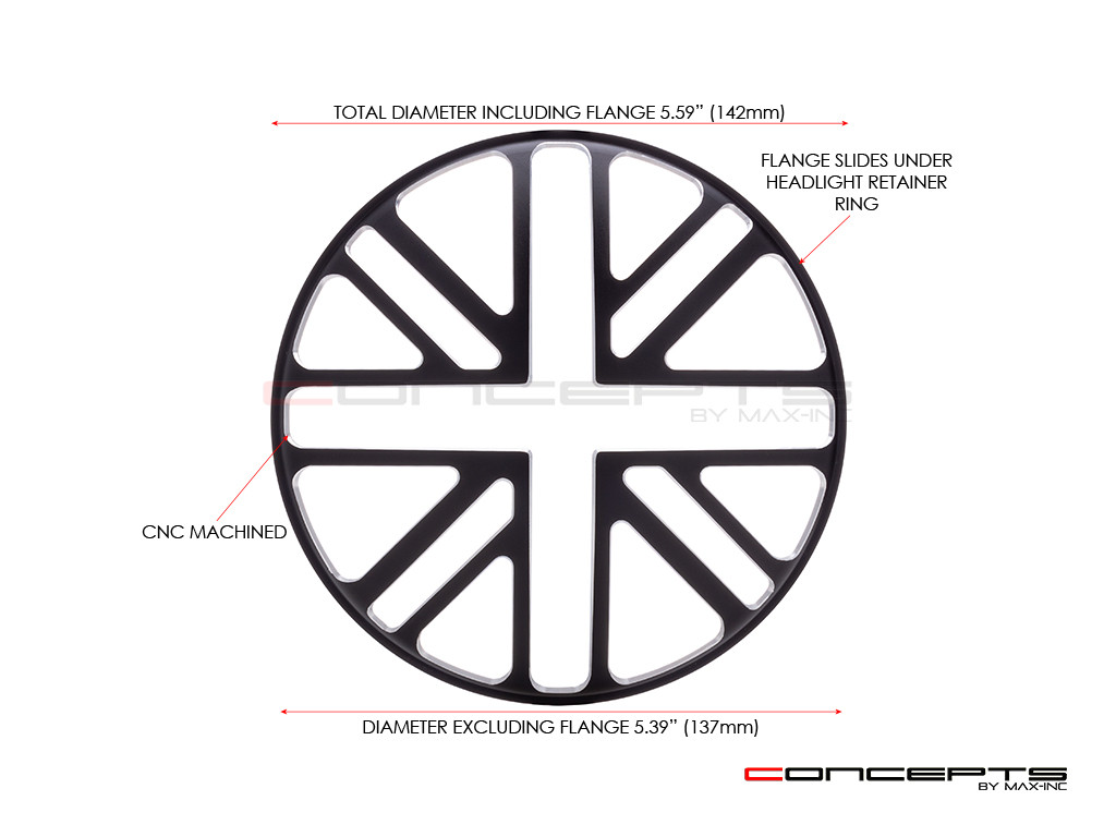 5.75" Union Jack Design Black / Contrast CNC Aluminum Headlight Guard Cover
