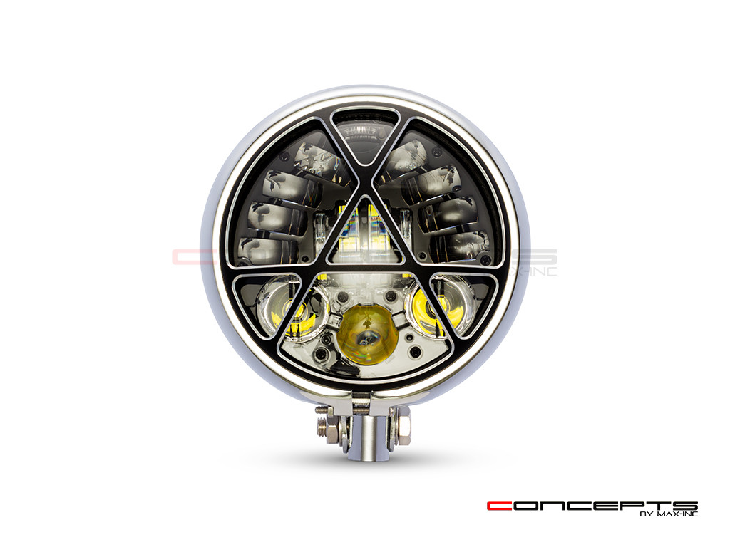 5.75" Chrome + Contrast Cut Metal LED Integrated Headlight + Anarchy Grill Cover