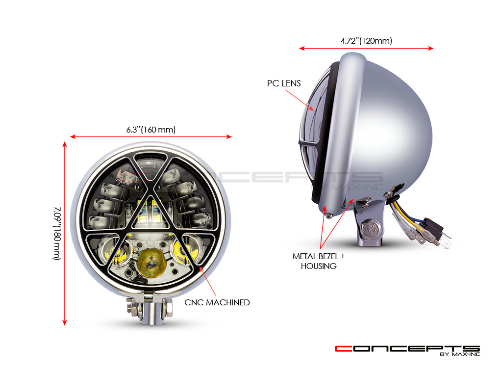 5.75" Chrome + Contrast Cut Metal LED Integrated Headlight + Anarchy Grill Cover
