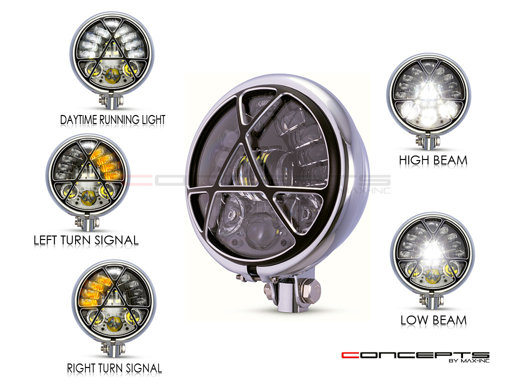 5.75" Chrome + Contrast Cut Metal LED Integrated Headlight + Anarchy Grill Cover