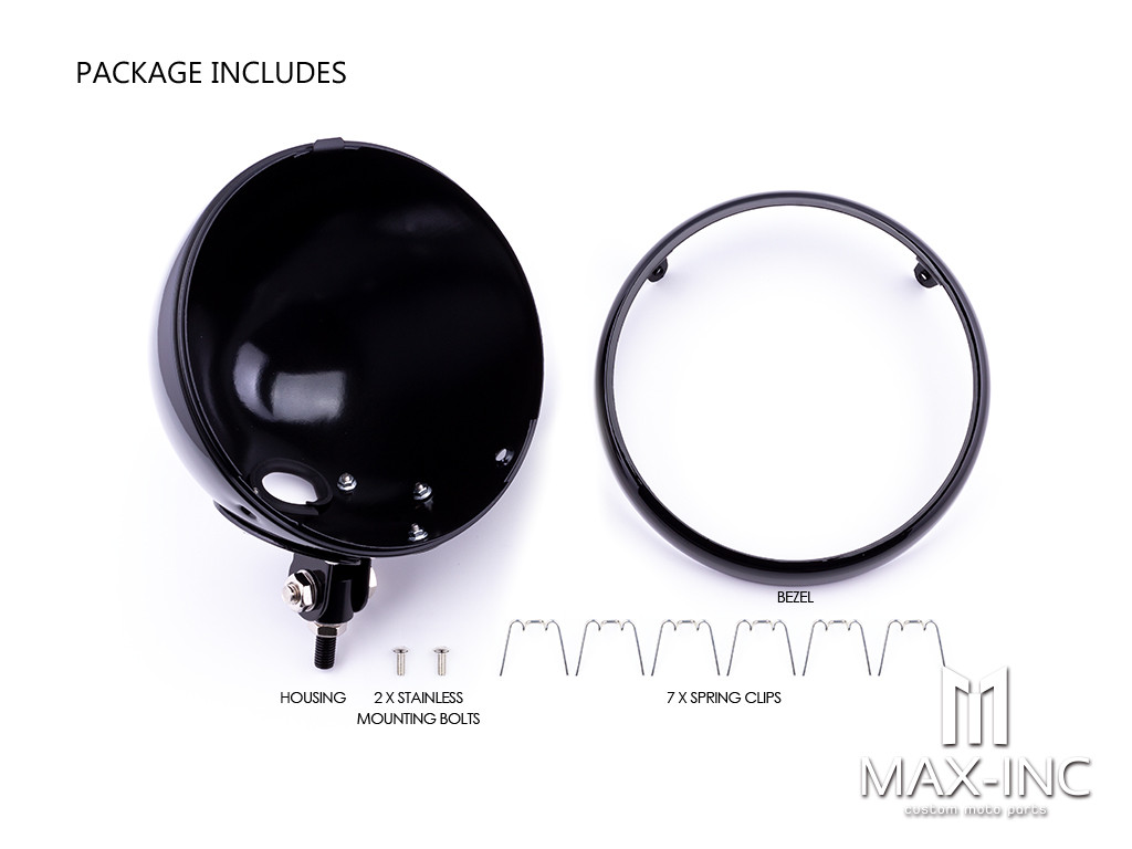 7.7 INCH Gloss Black Bottom Mount Metal Headlight Housing + Bezel Combo