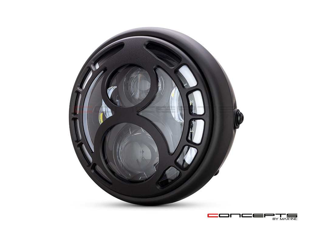7.7" Matte Black Multi Projector Integrated LED Headlight + Eight Ball Grill Cover
