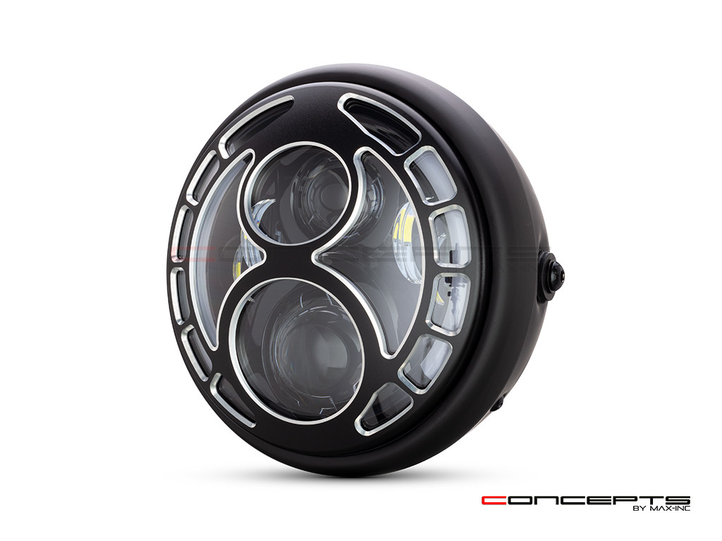 7.7" Matte Black / Contrast Multi Projector Integrated LED Headlight + Eight Ball Grill Cover