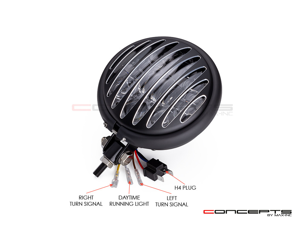 5.75 INCH MATTE BLACK BATES LED MOD INTEGRATED HEADLIGHT - DRL+ TURN SIGNALS - PRISON GRILL