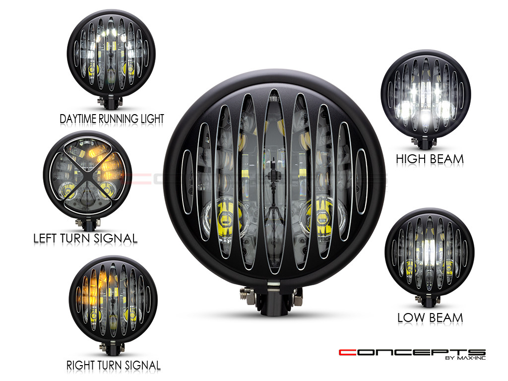 5.75 INCH MATTE BLACK BATES LED MOD INTEGRATED HEADLIGHT - DRL+ TURN SIGNALS - PRISON GRILL