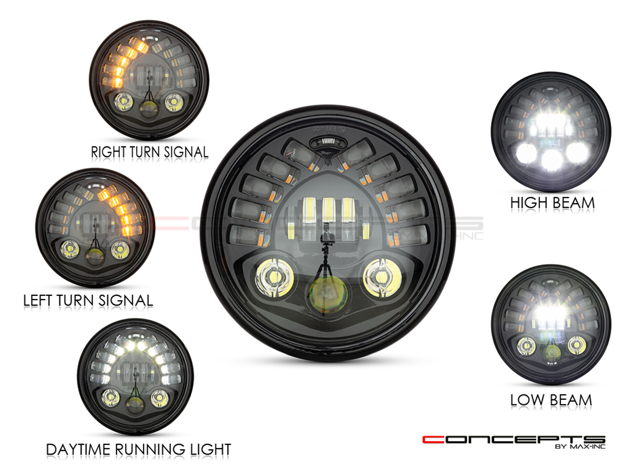 7.7 INCH GLOSS BLACK SHORT METAL LED MOD INTEGRATED HEADLIGHT - DRL + TURN SIGNALS