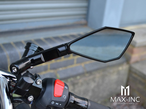 Pair Of Universal Black Shorty CNC Machined Aluminium Mirrors - M8 & M10 Thread Kit
