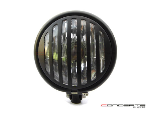 5.75" Bates Style Prison Grill Matte Black Metal Headlight - 12v / 55w Halogen Bulb