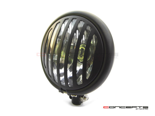 5.75" Bates Style Prison Grill Matte Black Metal Headlight - 12v / 55w Halogen Bulb