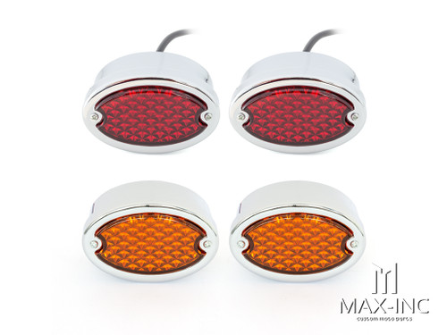 Classic Chrome Metal Oval LED Stop / Tail Lights / Turn Signals - Set Of 4