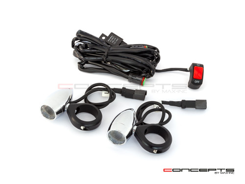 Chrome Aluminum Bullet Spot / Fog Lights + Complete Wiring Kit + Fork Clamps - 46/47mm