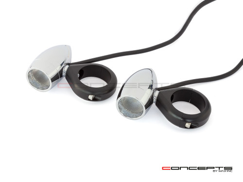 Chrome Aluminum Bullet Spot / Fog Lights + Complete Wiring Kit + Fork Clamps - 52/53mm