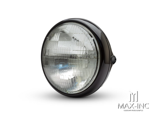 7.7" Gloss Black Shorty Metal Headlight - 12v / 55w Sealed Beam