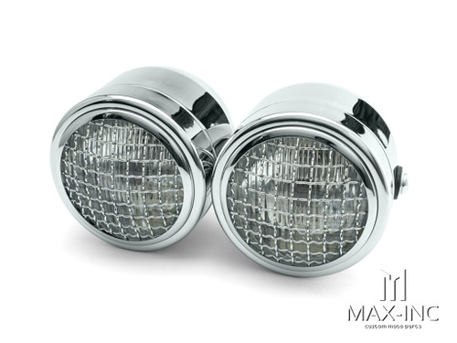 Chrome Universal Twin Metal Headlight + Mesh Grill - 12v / 35w
