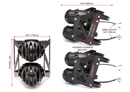 Black Dual Stacked Prison Grill Streetfighter Projector Headlight Set - Fits Fork Sizes 32 - 59mm