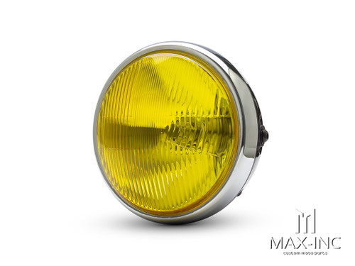 7.7" Gloss Black + Chrome Universal Metal Classic Yellow Lens Headlight