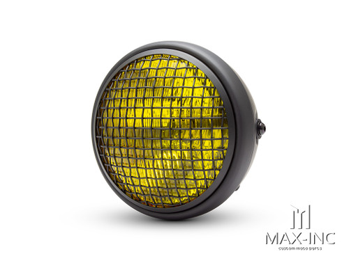 7.7" Matte Black Universal Metal Classic Yellow Lens Headlight + Mesh Grill